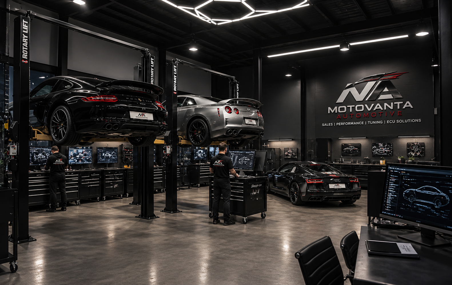 Motovanta Automotive workshop with vehicle lifts and technicians